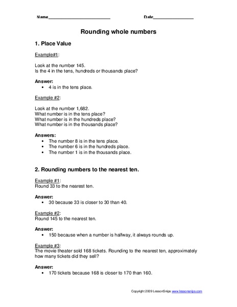 Rounding Whole Numbers Worksheet