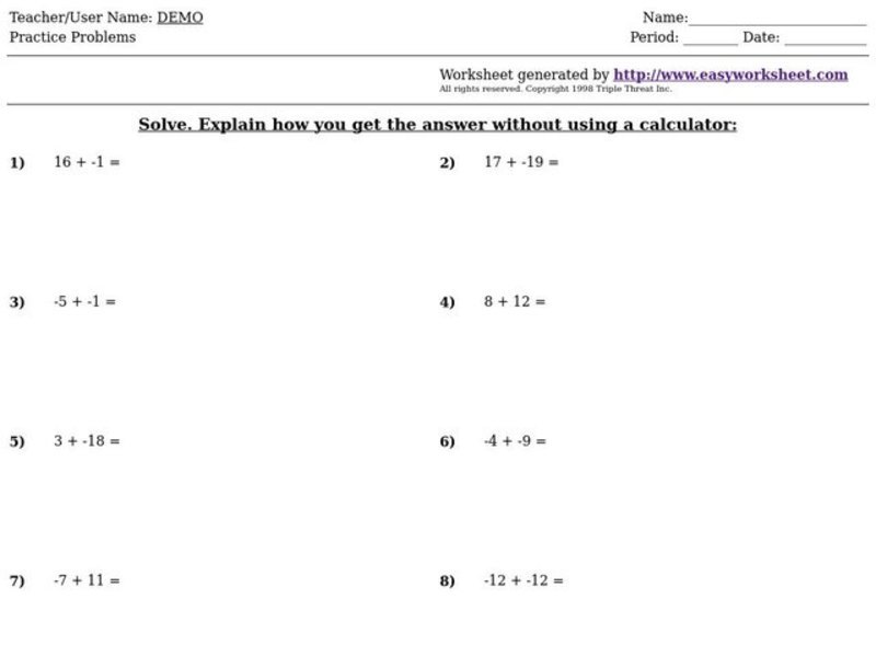 Addition of Integers Worksheet