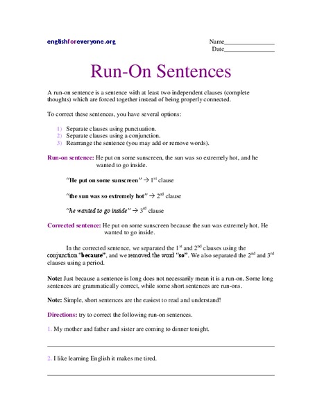 Run-On Sentences Worksheet