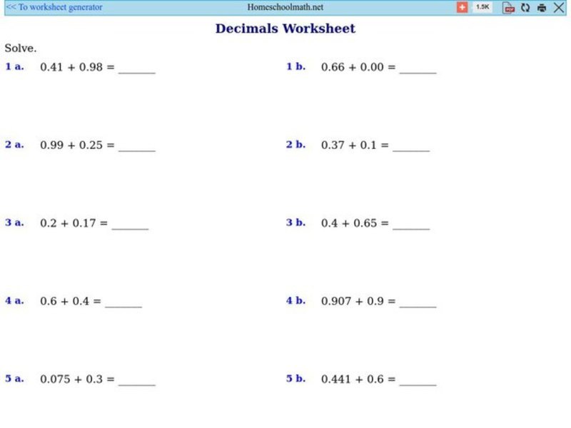 Addition of Decimals Worksheet
