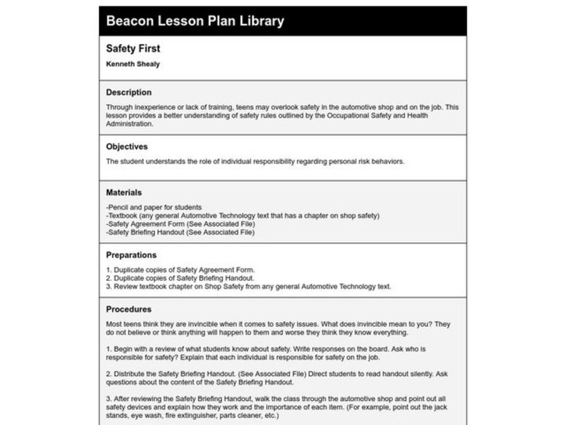 Safety First Lesson Plan