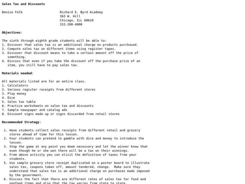 Sales Tax and Discounts Lesson Plan