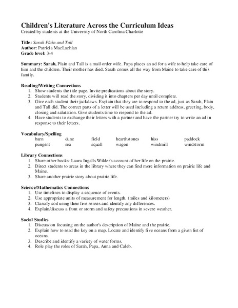 Sarah Plain and Tall Lesson Plan