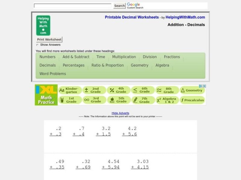 Addition-Decimals Worksheet
