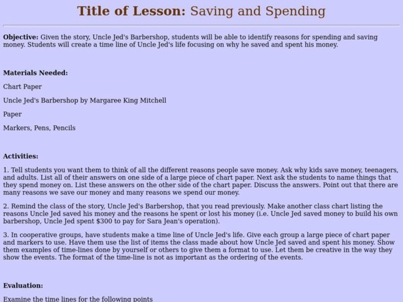 Saving and Spending Lesson Plan
