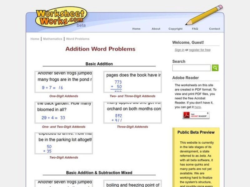 Addition Word Problems Worksheet