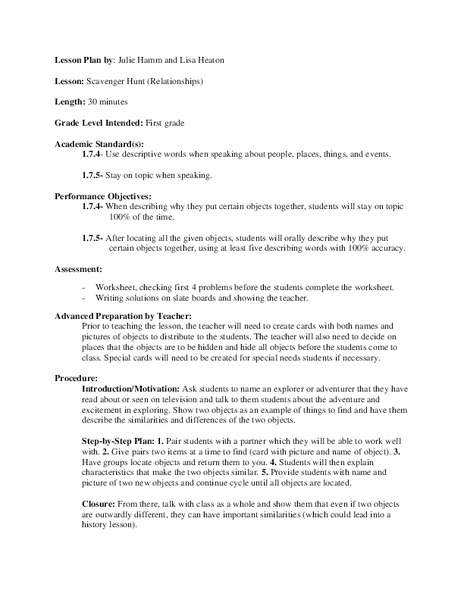 Scavenger Hunt Lesson Plan
