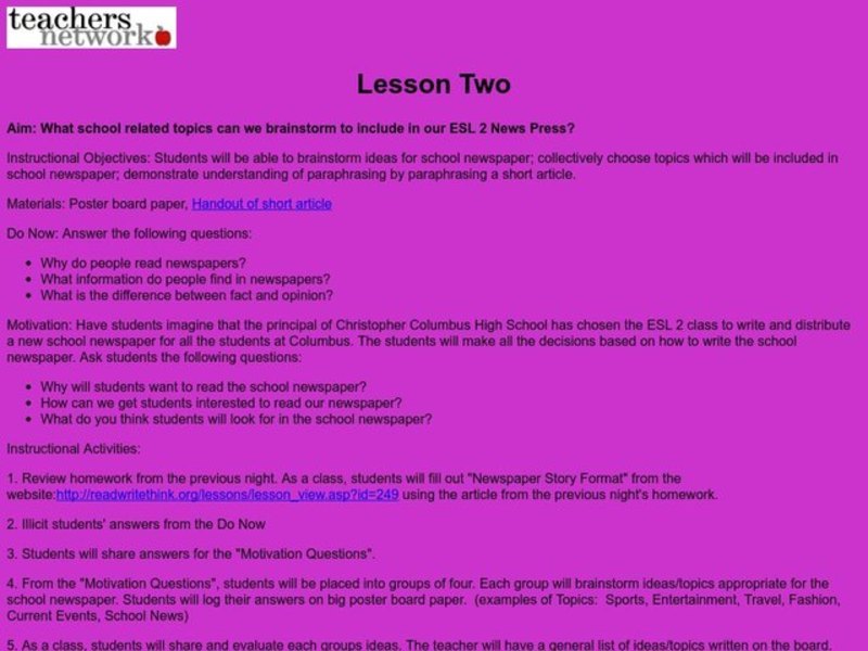 School Newspaper Lesson Plan