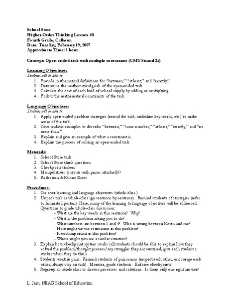 School Store Lesson Plan