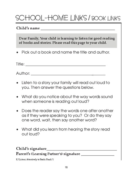 School-Home Links/Book Links Worksheet