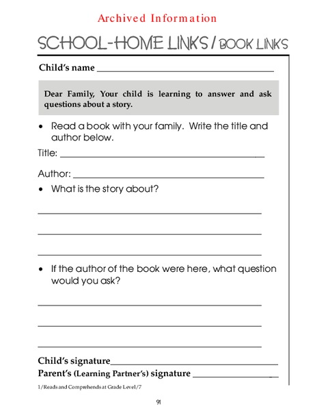 School-Home Links/Book Links Worksheet