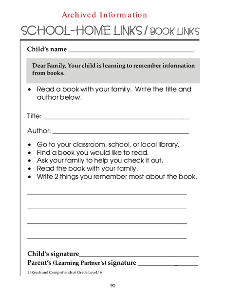 School-Home Links/Book Links Worksheet