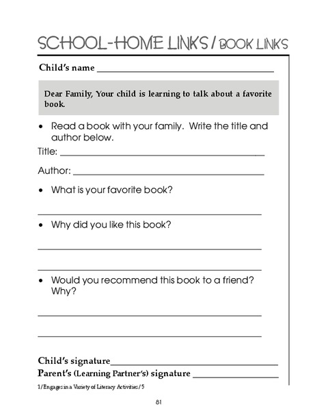 School-Home Links/Book Links Worksheet
