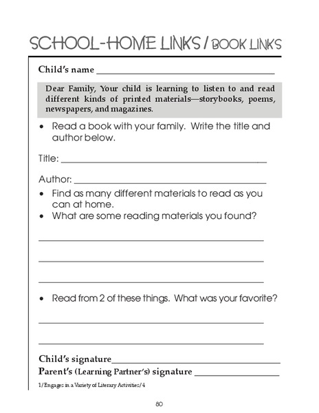 School-Home Links/Book Links Worksheet