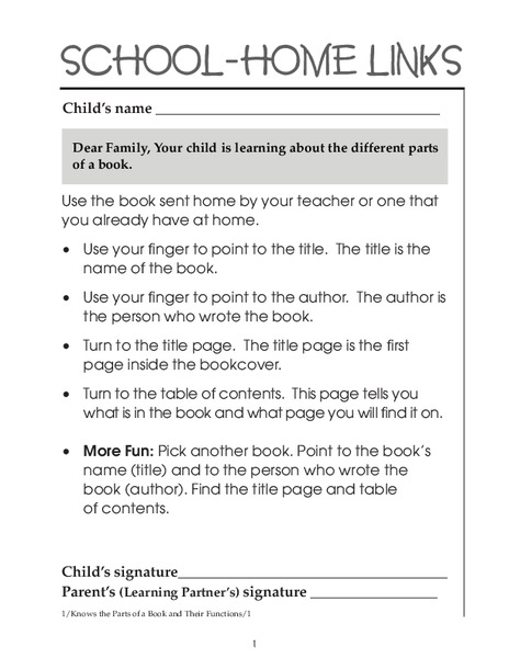School-Home Links: Parts of a Book Worksheet