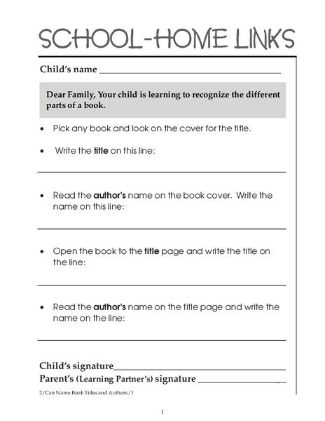 School-Home Links: Parts of a Book Worksheet