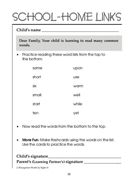 School-Home Links: Reading Common Words Worksheet