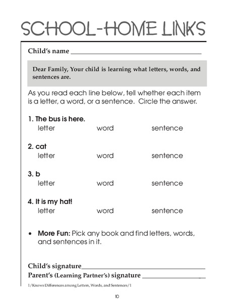 School-Home Links: Sentences Worksheet