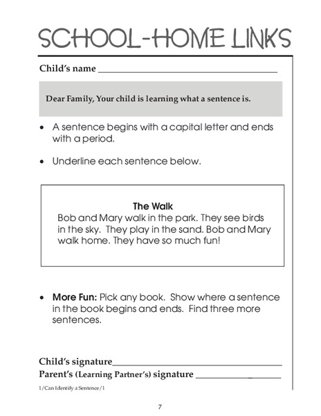 School-Home Links: Sentences Worksheet