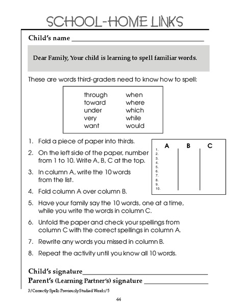 School-Home Links: Spelling Familiar words Worksheet