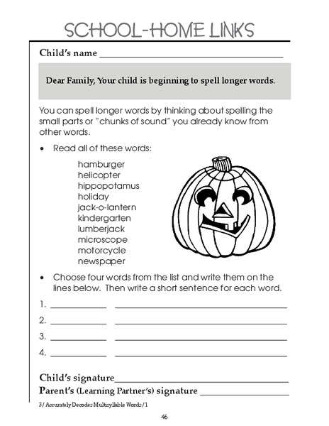 School-Home Links: Spelling Longer Words Worksheet