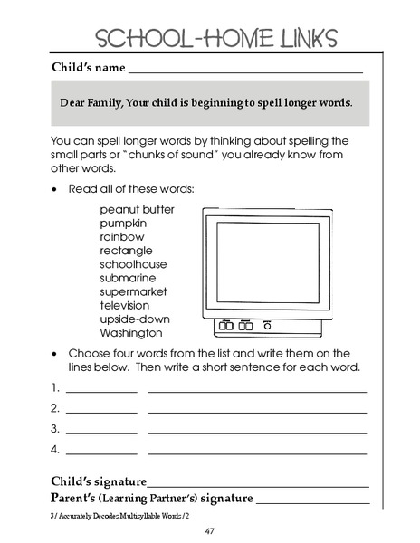 School-Home Links: Spelling Longer Words Worksheet