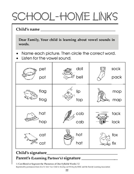 School-Home Links: Vowel Sounds Worksheet