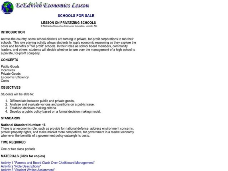 Schools for Sale Lesson Plan