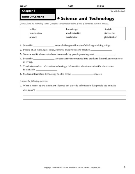 Science and Technology Worksheet