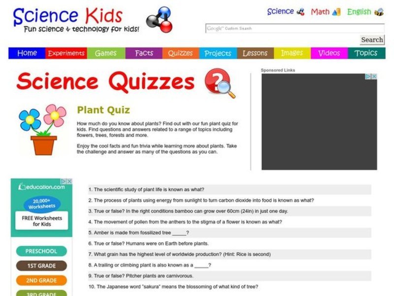 Science Quiz:  Plants Worksheet