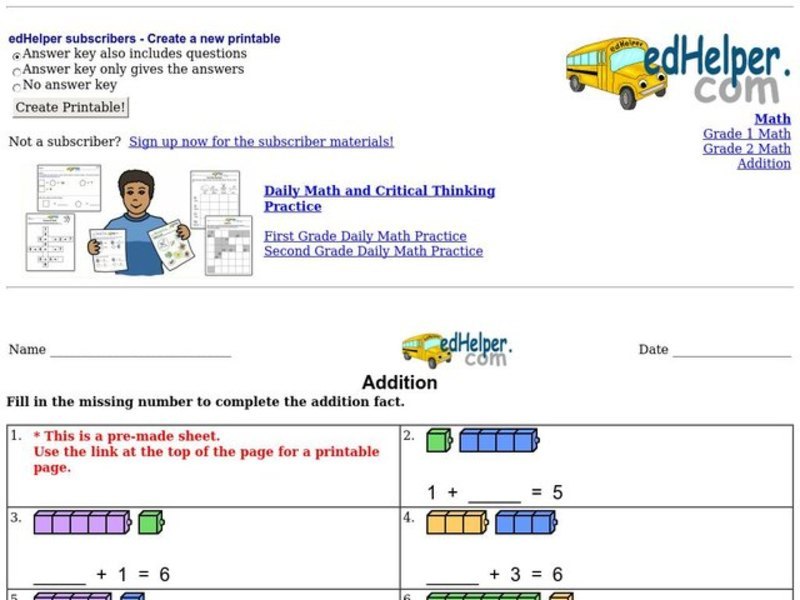 Addition: Missing Numbers Worksheet