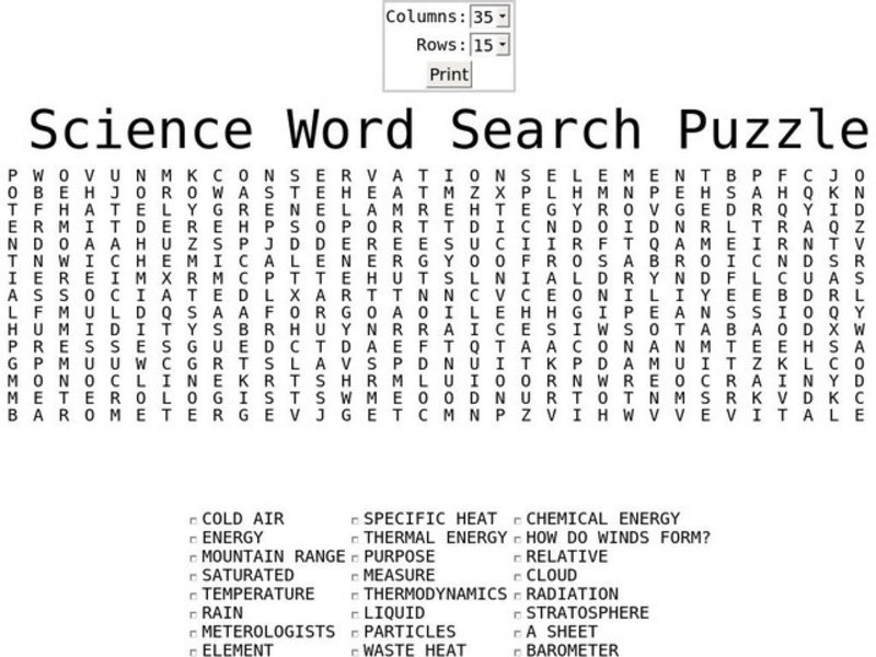 Science Word Search Worksheet
