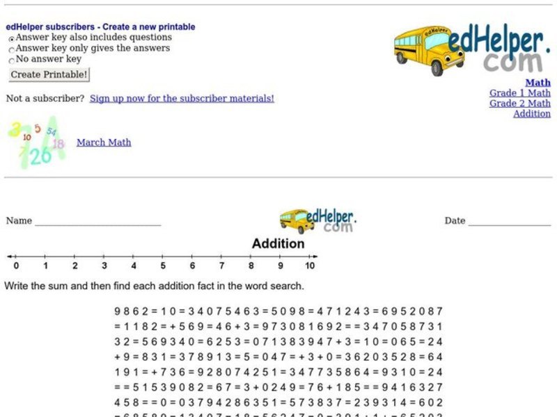 Addition Word Search Worksheet