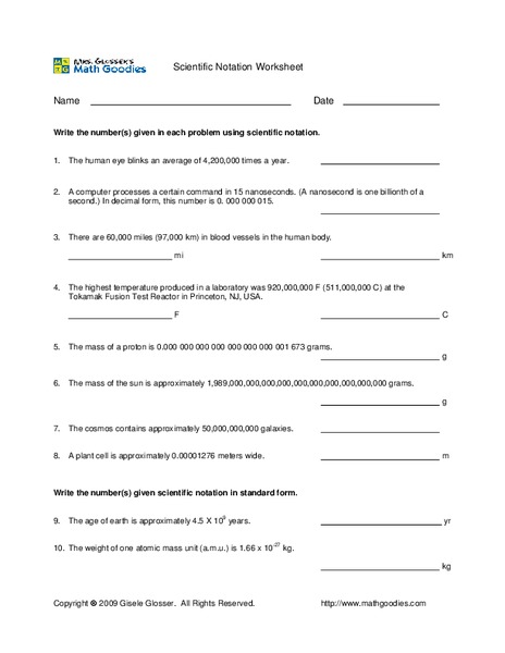 Scientific Notation Worksheet Worksheet