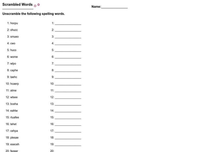 Scrambled Words Worksheet