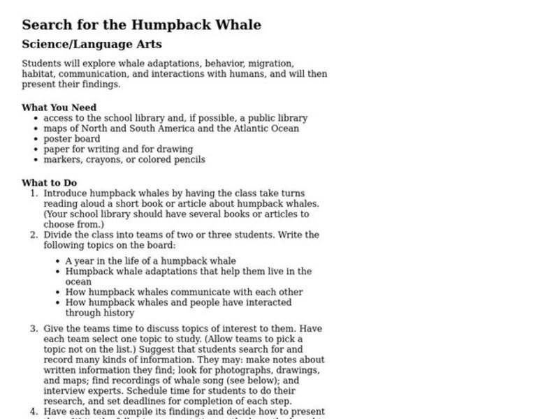 Search for the Humpback Whale Lesson Plan