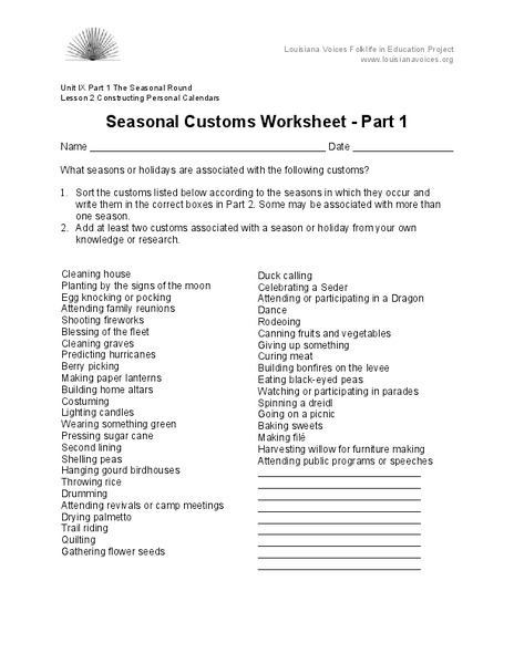 Seasonal Customs Worksheet Organizer