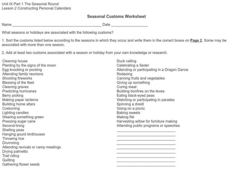 Seasonal Customs Worksheet Worksheet