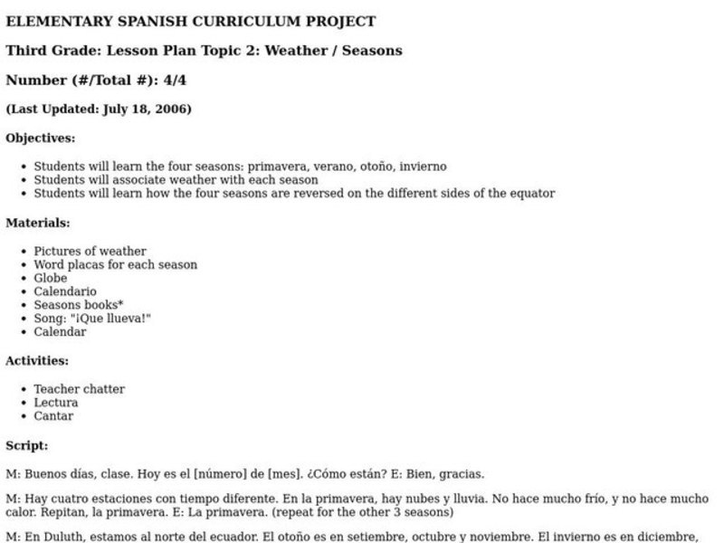 Seasons  Lesson Plan