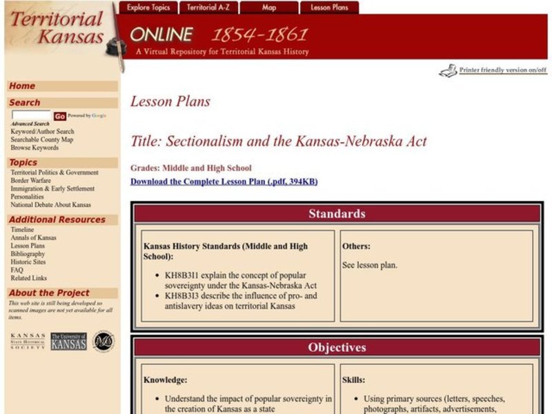 Sectionalism and the Kansas-Nebraska Act Lesson Plan