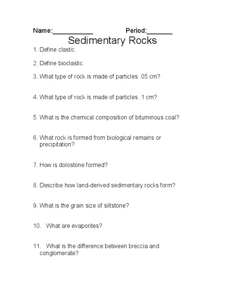 Sedimentary Rocks Worksheet