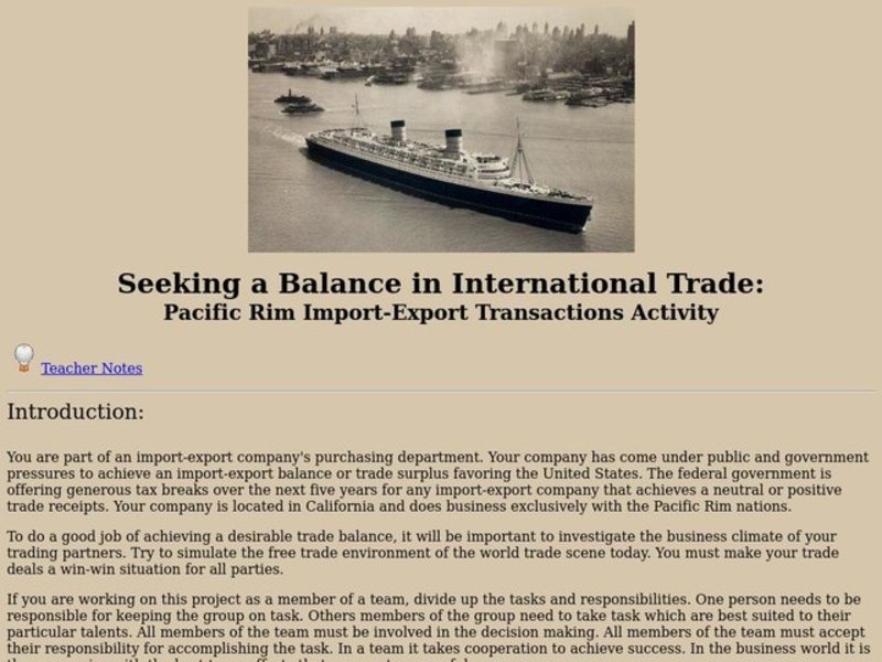 Seeking a Balance in International Trade: Pacific Rim Import-Export Transactions Activity Lesson Plan
