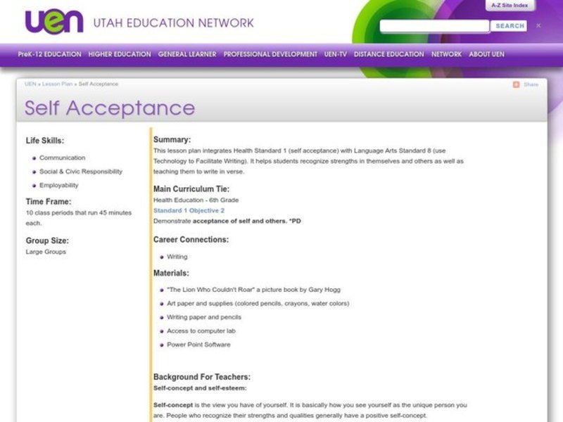 Self Acceptance Lesson Plan