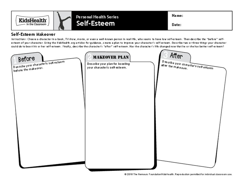 Handout: Self-Esteem (Grades 6 to 8) Worksheet