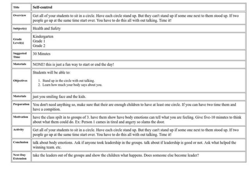 Self-Control Lesson Plan