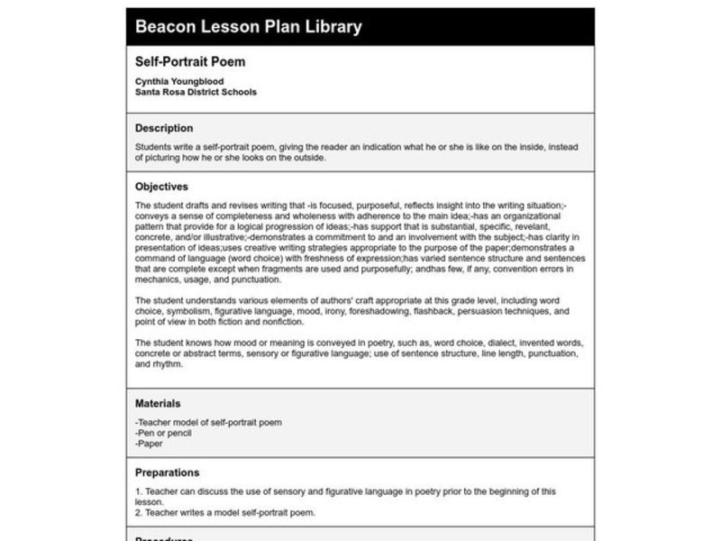 Self-Portrait Poem Lesson Plan