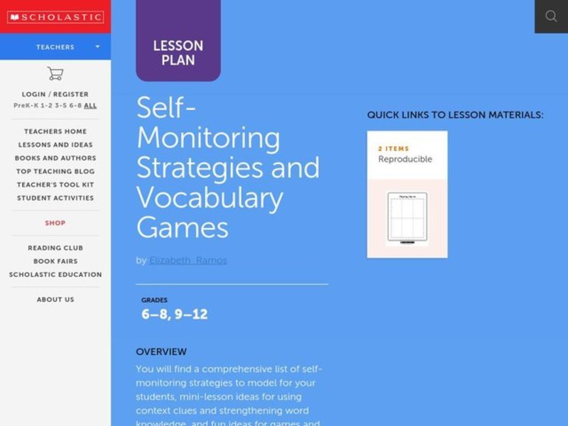 Self-Monitoring Strategies and Vocabulary Games Lesson Plan