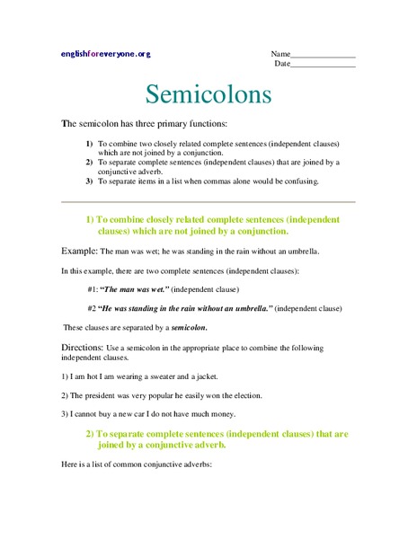 Semicolons Worksheet