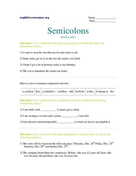 Semicolons Worksheet