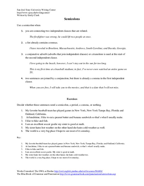 Semicolons Handout